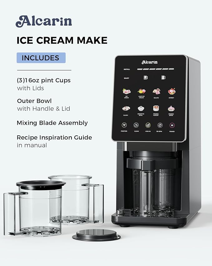 Alcarin Electric Ice Cream Maker Machine for Homemade, Frozen Treat, Gelato, Yorgurt, Sorbet, Mix-in & More, 10 One-Touch Programs with 3 Pints, Keto, Vegan, Dairy-Free Options(Not Freezer)