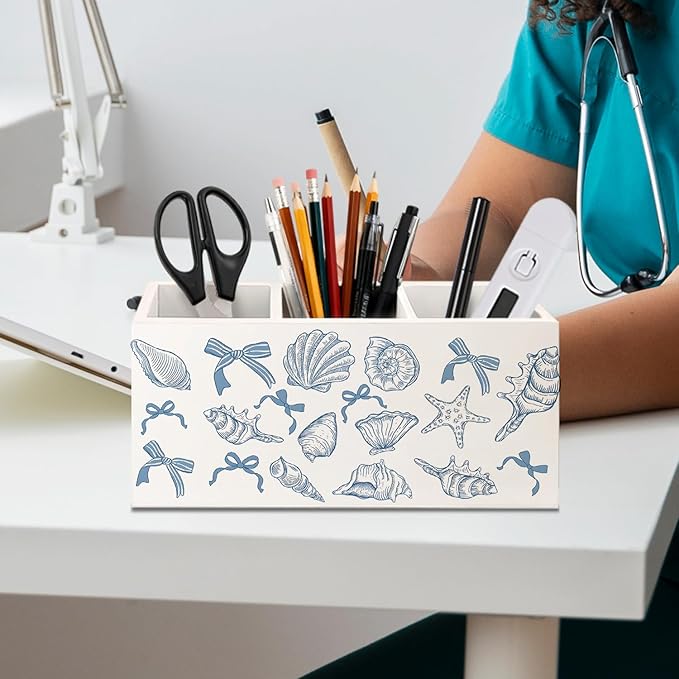 Coquette Blue Seashell Coastal Beach Wooden Utensils Holder, Preppy Nautical Beachy Sea Shell Wood Cooking Utensil Holder Organizer for Kitchen Countertop Counter Decor Accessories