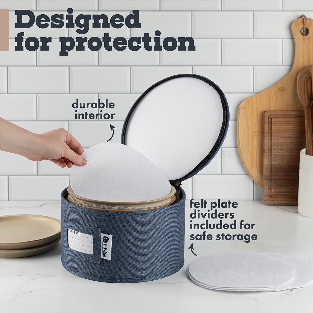 Dinner Plates Storage Container - Hard Shell China Organizer with Dividers - Holds 12 Plates of 12" - Durable & Stackable Storage Box for Seasonal Dishware Protection - Denim Blue