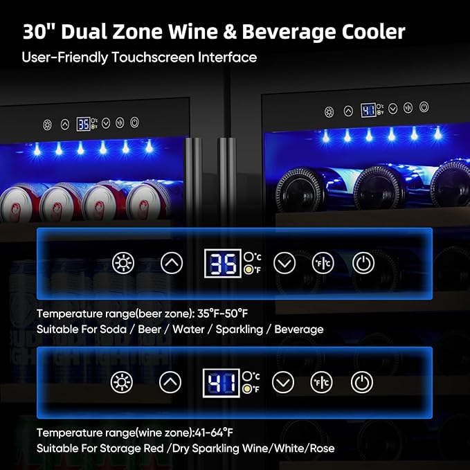 ORYMUSE 30 Inch Dual Zone Wine & Beverage Refrigerator, Built-In or Freestanding Wine Fridge with Seamless Black Stainless Steel Door, Glass Door, Digital Touch Control, Holds 30 Bottles & 110 Cans