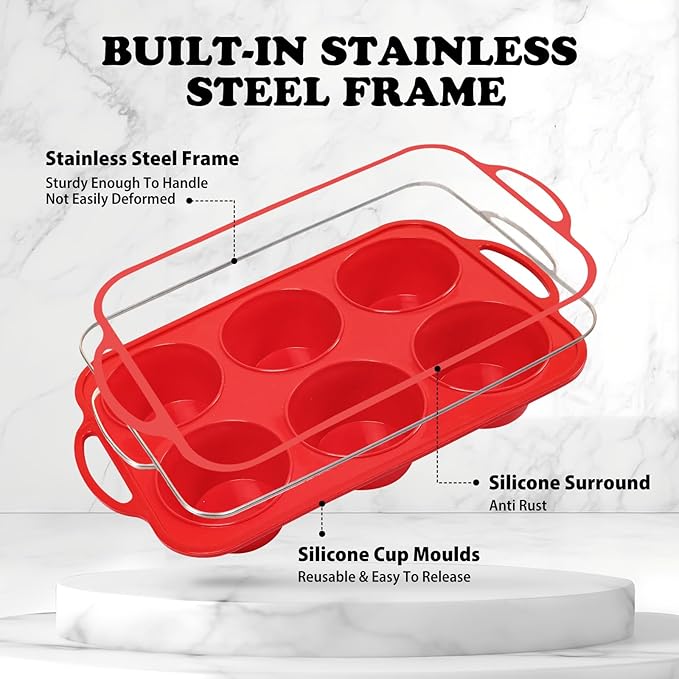 2 Pack Jumbo Silicone Muffin Pan with Metal Frame, Non-stick Large Silicone Cupcake Pan with Handles 6 Cup, Silicon Muffin Tin Tray for baking, egg bites, Cupcake Mold, BPA Free Red