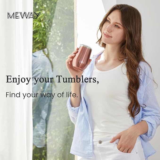 MEWAY Stemless 12oz Insulated Wine Tumbler with Lid and Straw - Double Wall Stainless Steel Thermal Cup for Hot and Cold Drinks, Bridal Shower Prizes for winners(Rose Gold,1)