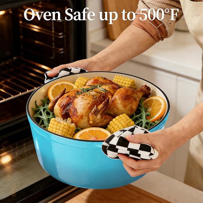 Enameled Cast Iron Dutch Oven with Lid -6.5 QT, incl. Sourdough Bread-Baking Supplies like Banneton Proofing Basket, Heavy Duty Cookware Bread-Oven for Baking, Stews, and Roasting, Sea blue