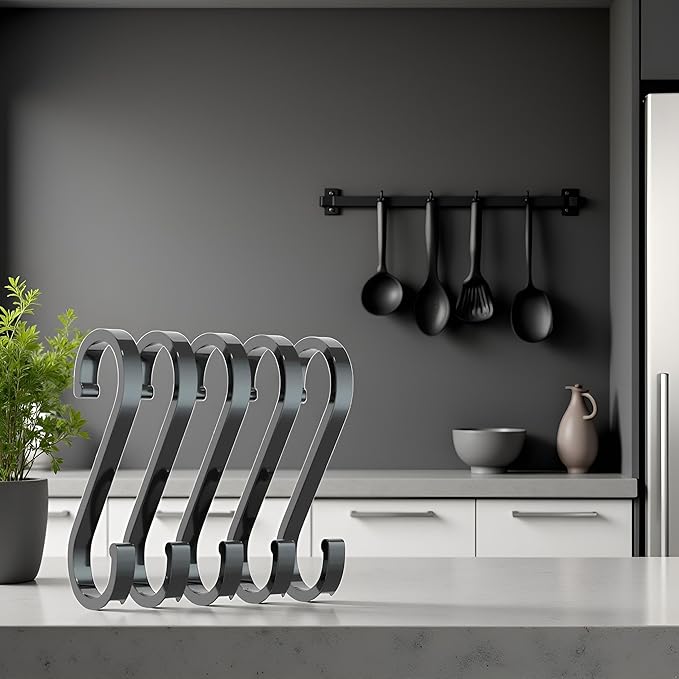 5 Pcs Black S-Shaped Hooks,Space Aluminum S Hook Multifunctional Hanging Hook Clasp Holder for Kitchen Bedroom Utility Hooks, Industrial Hooks Hardware, Home Storage Hooks