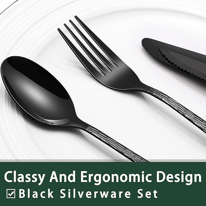 EWFEN 24-Piece Black Silverware Set with Steak Knives, Black Flatware Set for 4, Food-Grade Stainless Steel Tableware Cutlery Set, Mirror Finished Utensil Sets for Home Restaurant, Tree Pattern