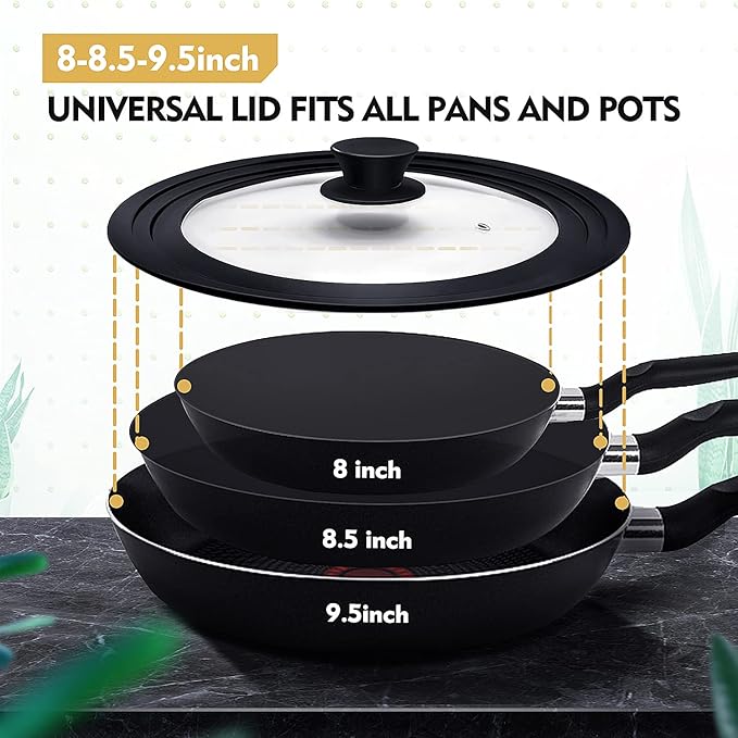 Ydeapi Universal Lid for Pots, Pans and Skillets, Pot Lid With Heat Resistant Silicone Rim and Tempered Glass, Fits 8", 8.5", 9.5" Diameter Pots and Pans