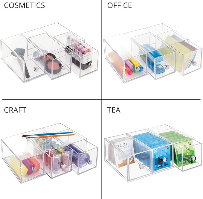 mDesign Plastic Stackable Desktop Organizer Tower Storage Station with 3 Drawers for Home Office - Holds Pens, Sticky Notes, Binder Clips, Notepads, or Gel Pens - Lumiere Collection - 2 Pack - Clear