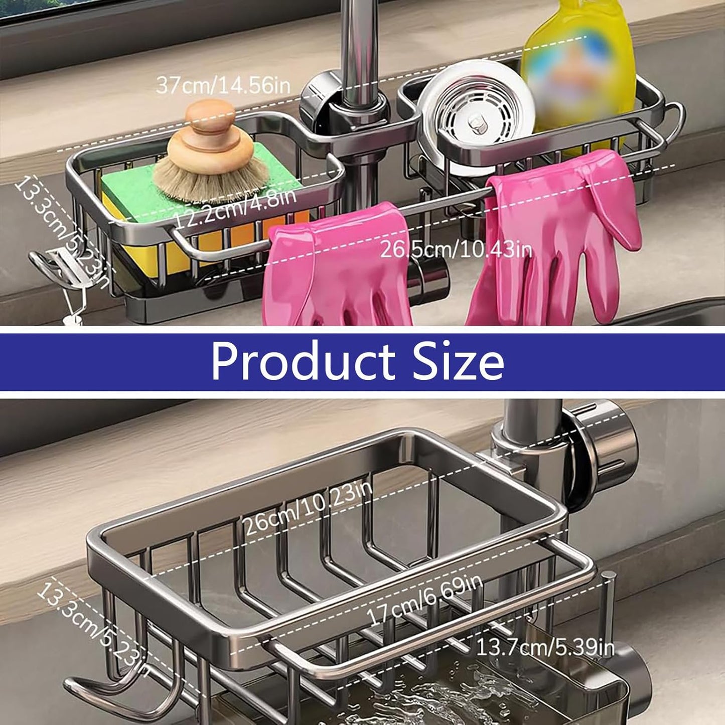 Kitchen Sink Faucet Organizer Multifunction Sponge Holder Organizer Sink Drain Holder Over Faucet Kitchen Sink Caddy with Hook Adjustable for 0.7-1.1inch Round Water Pipe (Black, B)