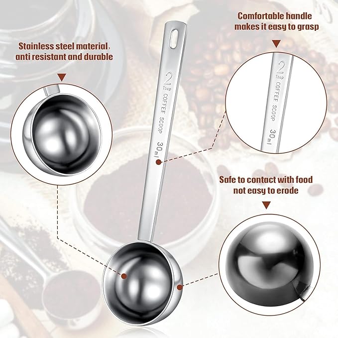 Geiserailie 8 Pcs 2 Tablespoon Scoops with Long Handle, 30 ml Stainless Steel Measuring Spoon for Coffee Milk Fruit Powder, Loose Tea Dry, Spice Jar, Cooking Baking, and Other Dry Goods