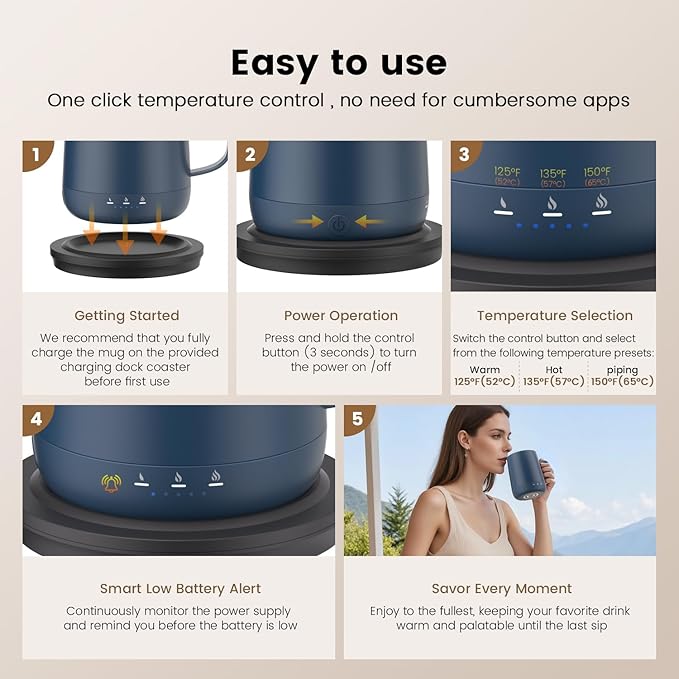 Smart Self Heating Coffee Mug,14oz Temperature Control Coffee Mug,Hot up to 150°F,Rechargeable Heated Coffee Mug,Up to 6H Battery Life,Coffee Cup Warmer,Great Gift for Coffee Lovers,Dad,Mom (Blue)