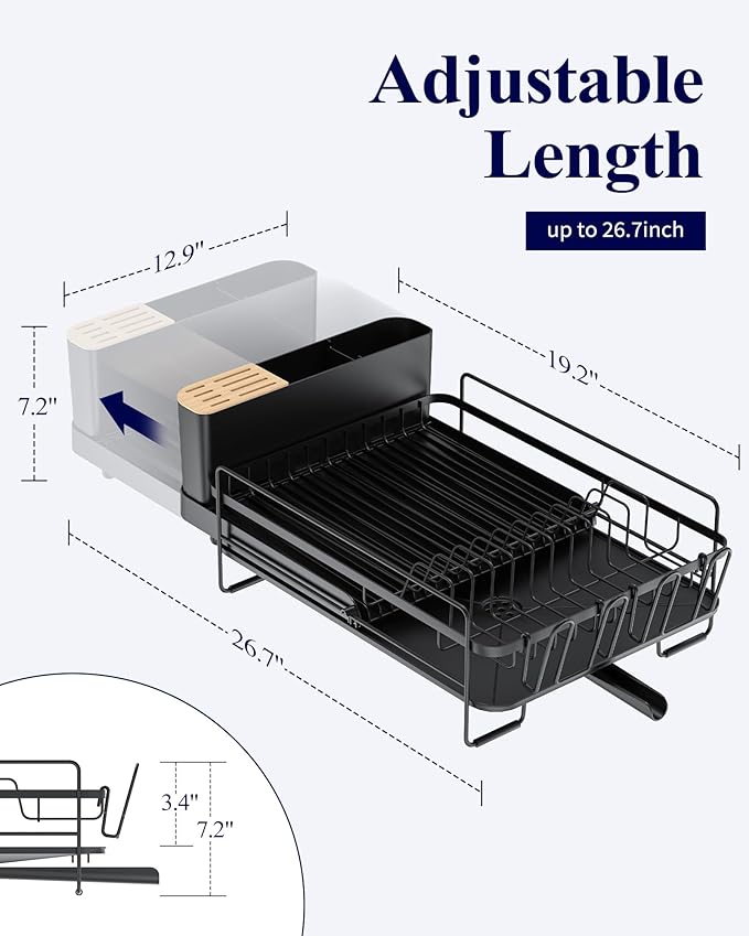 Kitsure Large Dish Drying Rack - Extendable Dish Rack, Multifunctional Dish Rack for Kitchen Counter, Anti-Rust Dish Drainers with Cutlery & Cup Holders 19.2"-26.7" L x 12.9" W, Black