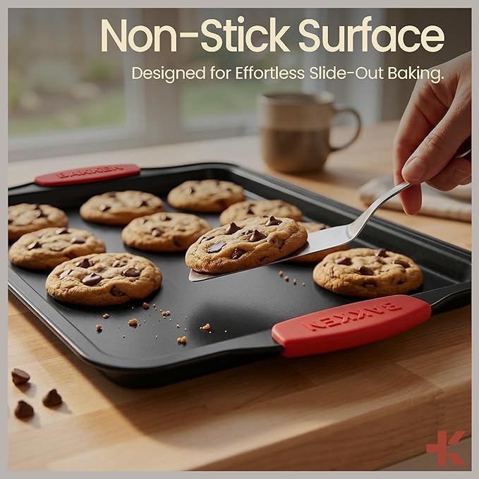 BAKKENMASTER Baking Set – 6 Piece Kitchen Oven Bakeware Set – Deluxe Non-Stick Black Coating Inside and Outside – Carbon Steel – Red Silicone Handles – PFOA PFOS and PTFE Free by Bakken