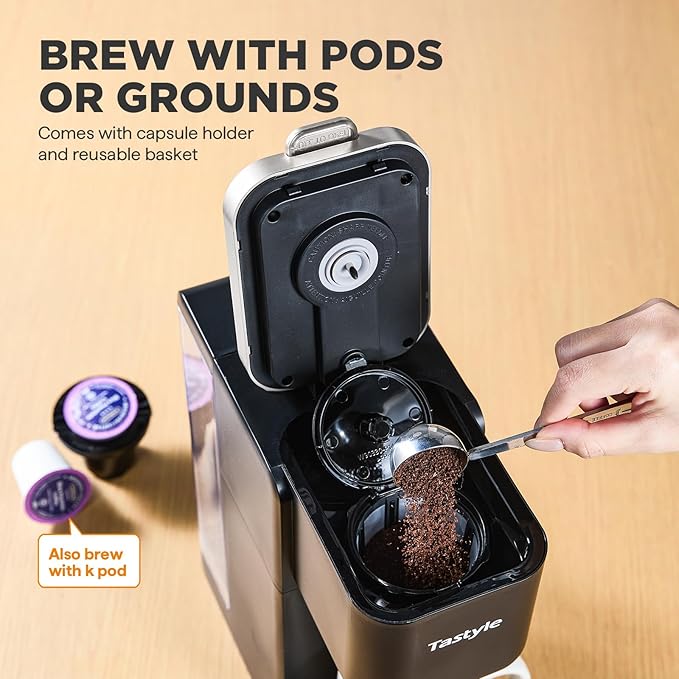 Tastyle Single Serve Coffee Maker, Iced and Hot Coffee Machine for K Cup & Grounds, Compact Design, 40oz Removable Water Reservoir, 6 to 24 Oz Brew Sizes, Fits 7.3" Travel Mug, Black