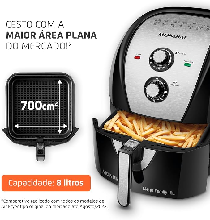 Fritadeira Sem Óleo Air Fryer 8L, Mondial, Preto/Inox, 1900W, 220V - AFN-80-BI