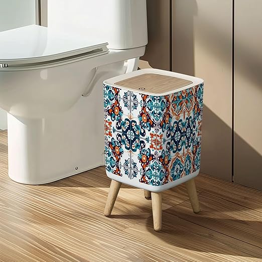 Small Trash Can with Lid Talavera pattern Indian patchwork Azulejos portugal ornament Moroccan Wastebasket with Press Cover Dog Proof Garbage Can Waste Bin for Kitchen Bathroom Nursery 2.6 Gallon