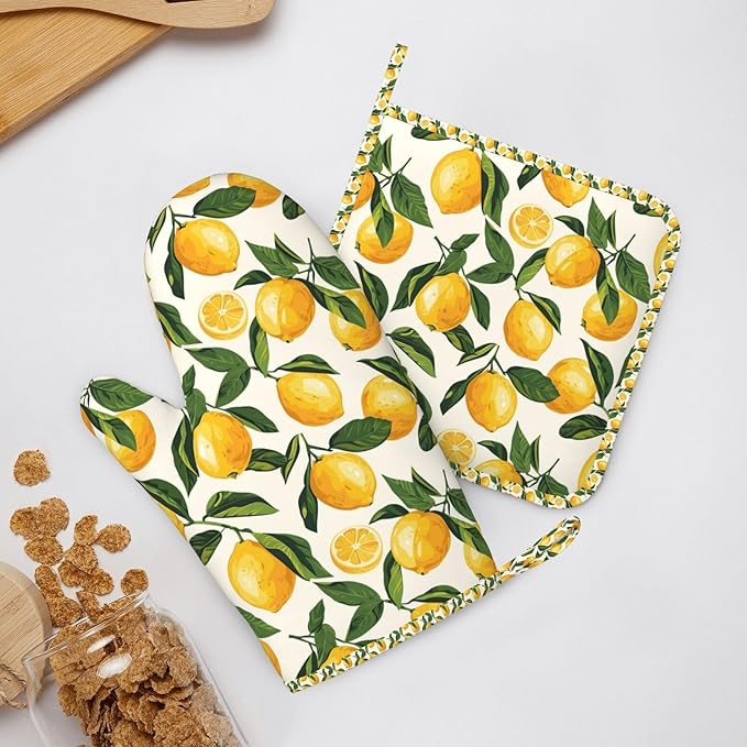 Oven Mitts and Pot Holders Set, Lemon Fruit Watercolor Silicone Kitchen Accessories 4 Piece Heat Resistant Long Gloves Potholder Non-Slip Grip for Chef Cooking Baking Grilling BBQ