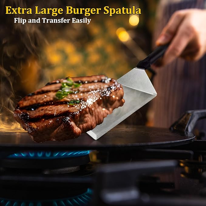 4PCS Griddle Accessories Set, Round & Rectangle Heavy Duty Grill Press, Cast Iron Press Griddle with Wooden Handle for Blackstone, Griddle Spatula, Spice Dredge Shaker