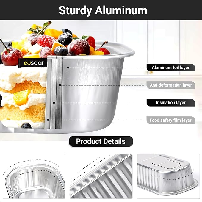 EUSOAR Mini Loaf Pans with Lids, 100pcs 6.8oz 6.5"x2.5"x1.2" Silver Disposable Ramekins Foil Dessert Baking Cups Pan Tin, Cupcake Containers Cheesecake Creme Brulee for Party Wedding