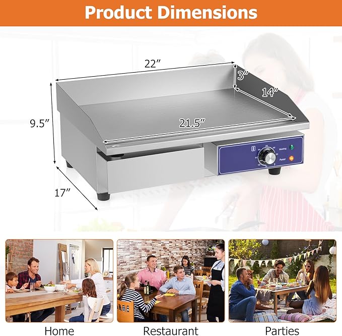 Happygrill 22" Commercial Electric Griddle, Stainless Steel Flat Top Grill w/Adjustable Temperature Control 122℉-572℉, Complete Accessories, 2000 W Electric Countertop Griddle for Kitchen Restaurant