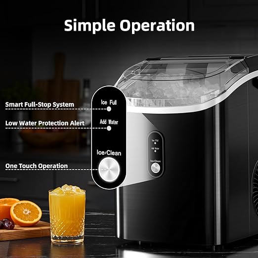 Antarctic Star Nugget Ice Maker Countertop, 34Lbs/24H, Soft Chewable Ice, Self-Cleaning, Portable Ice Machine, Fast Making in 8 Mins, Ice Basket & Scoop, Stainless Steel Black