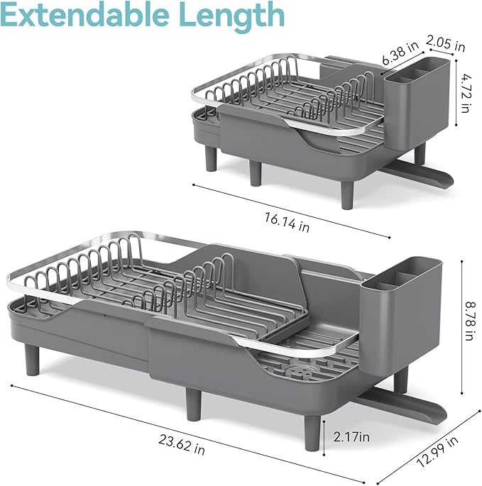 Urackify Expandable Dish Rack for Kitchen Counter, 16.14"-23.62" Large Stainless Steel Dish Drying Rack with Adjustable Water Spout, Space Saving Dish Drainer with Auto Draining Cutlery Holder,Grey