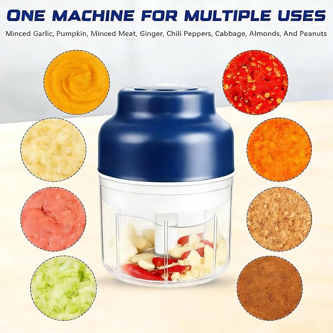 Electric Garlic Chopper Mini, Upgraded Rechargeable Veggie Chopper With Storage and Cover, One-Touch Food Processor with 4 Stainless Steel Blades for Onion Meat Chili Ginger (Blue, 320ml)