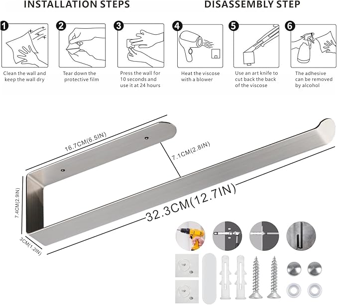 Self Adhesive Paper Towel Holder Under Cabinet Mount, 304 Stainless Steel Wall Mount Paper Towel Roll Rack for Kitchen Cabinet, Bathroom (Silver)