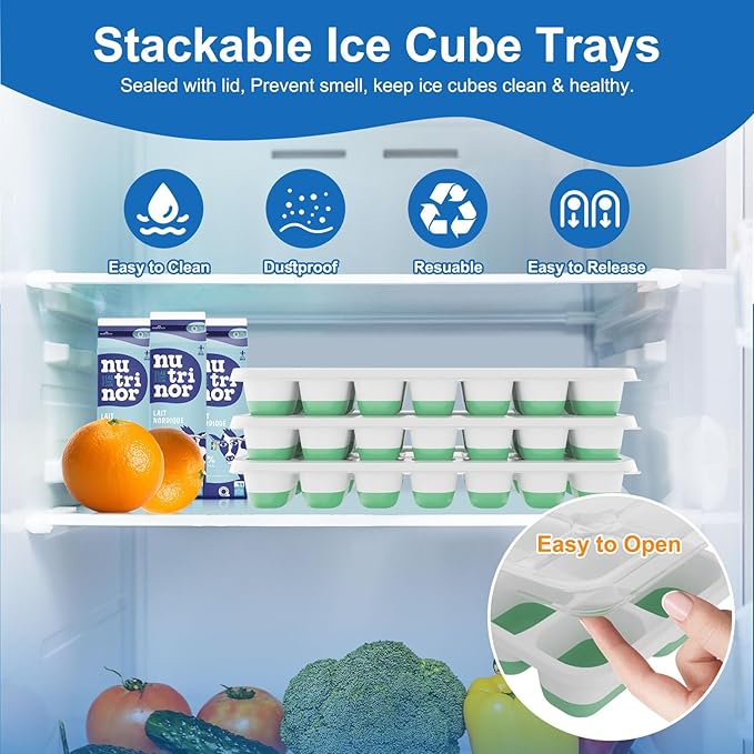 Ice Cube Trays with Lid and Bin, Silicone Plastic Ice Cubes Trays 9 Pack, Stackable Molds for Freezer, Storage Iced Bucket Kits BPA-Free and Odor-Free