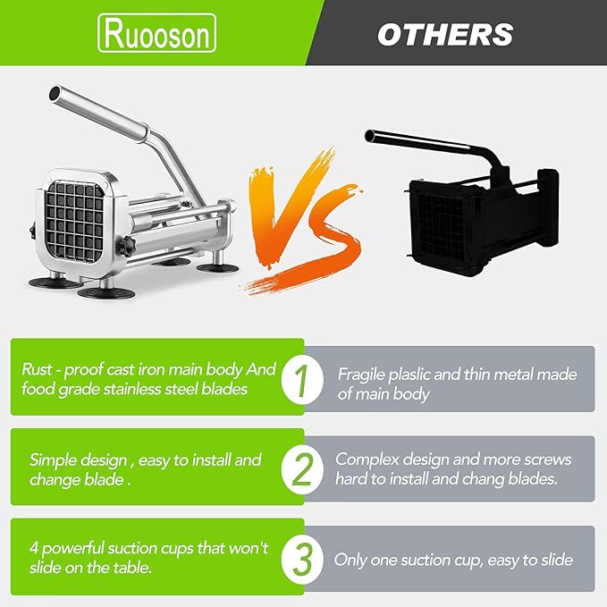 French Fry Cutter, Ruooson Professional Potato Cutter Slicer with 3/8 In Stainless Steel Blades, Great for Whole Potatoes Carrots Cucumbers.