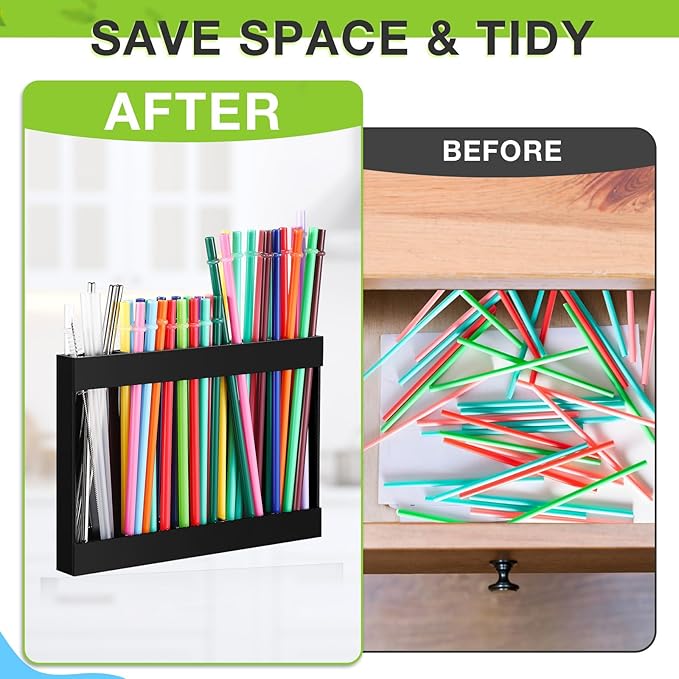Qinyoung Acrylic Straw Holder for Cabinet Door with Double Sided Adhesive Tape Reusable Straw Organizer Tumbler Storage Kitchen Accessories Container for Counter Cupboard(Classic,Large,Black)