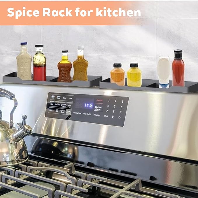 15 Inch Magnetic Silicone Stove Top Shelf, Heat Resistant Spice Rack for Kitchen, Space Saving Organizer with 3 Sticky Pads, Fits Back of Stove (Light Grey, 15" x 3.8")