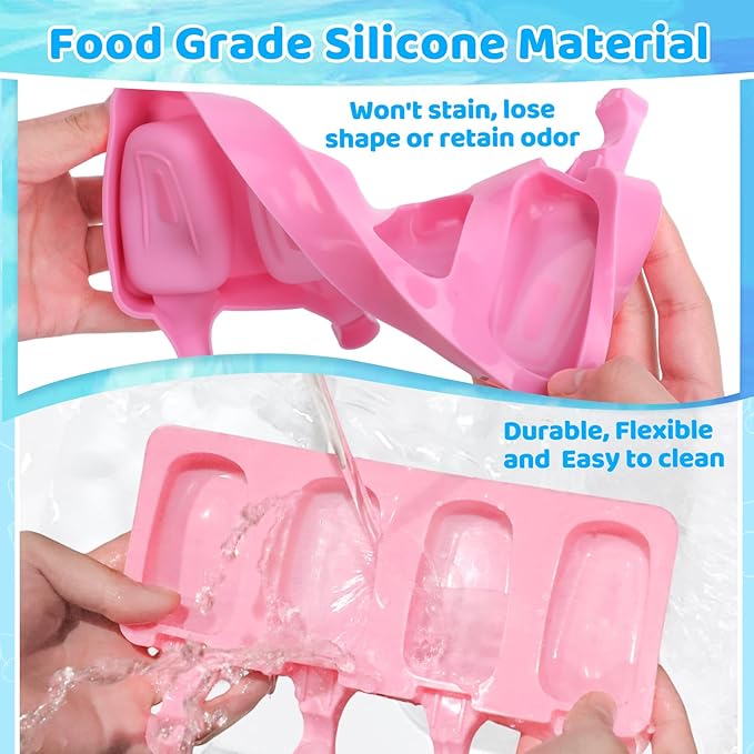 SAYAYA 2 Set Silicone Popsicle Molds with 100 Sticks, Reusable 4 Cavities Homemade Cake Pop & Cakesicle Mold for DIY Ice Cream, Ice Pop, Easy Release & Dishwasher Safe for Kids Family (Pink)