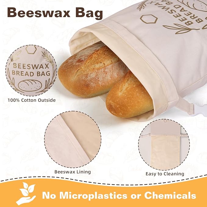 2 Pack XL Reusable Beeswax Bread Bags for Sourdough Baking, Organic Waxed Lined, Cotton Bread Bags for Homemade Bread, Food-Storage Bag to Keep Fresh