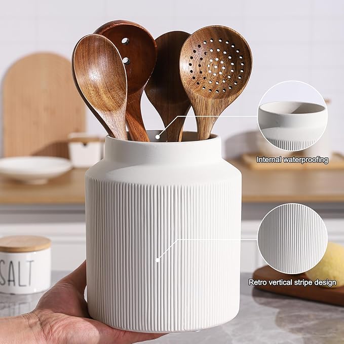 Farmhouse Ceramic Farmhouse Kitchen Utensil Holder for Countertop, Rustic Cooking Utensil Holder Crock Fit for Kitchen Counter. White 6.1 x 6.1 x 7 IN