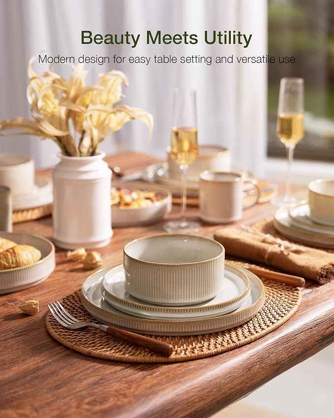 Famiware Star Dinnerware Set with Mugs, Service for 6 (24 Pieces), Ribbed Stoneware Plates and Bowls Dishes Sets - Chip & Scratch Resistant, Microwave & Dishwasher Safe, Cappuccino White