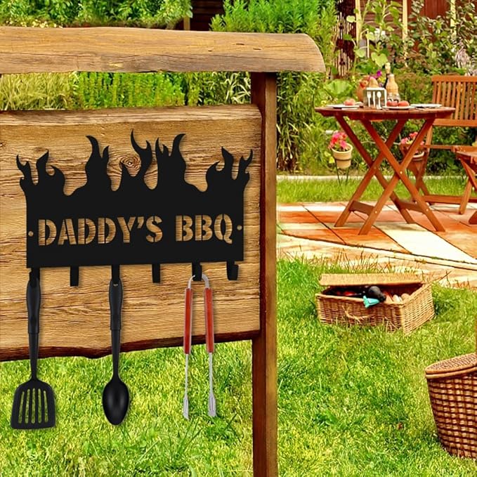 Generic Personalized BBQ Cooking Utensils Wall Hooks Rack for Dad Custom Grilling Tool Organizer Barbecue Tool Metal Storage Holders Grill Cutlery Hanger Father's Day Utensils Hanging Hooks (Style 3)