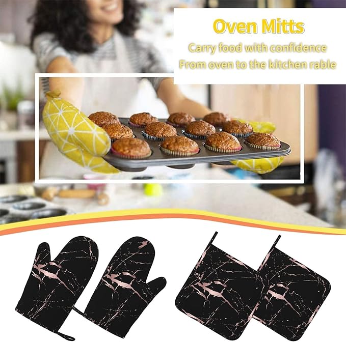 Rose Gold Black Marble Modern Oven Mitts and Pot Holders Sets of 4, Heat Resistant Silicone Oven Mittens and Potholders Gloves Hot Pads for Kitchen Cooking Baking Grilling BBQ Chef