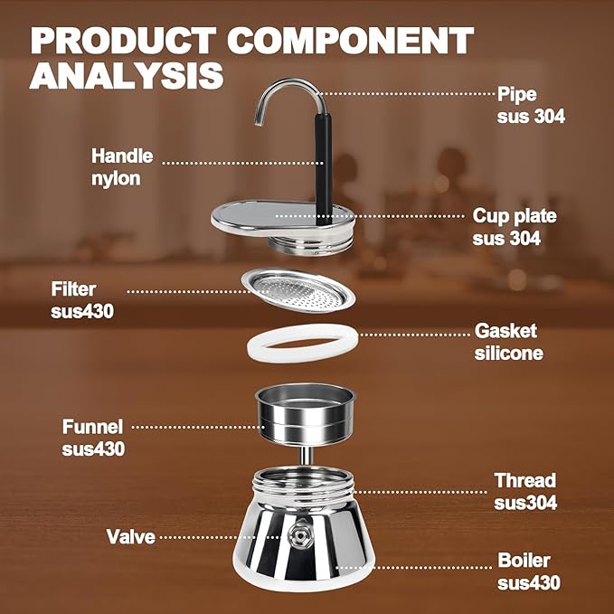 4 Cup Single Tube Moka Pot Stainless Steel Stovetop Espresso Maker Cafeteras Italian Percolator Espress Makers Capable Greca Mocha Coffee Machine for Induction Home 310ml 10.5oz