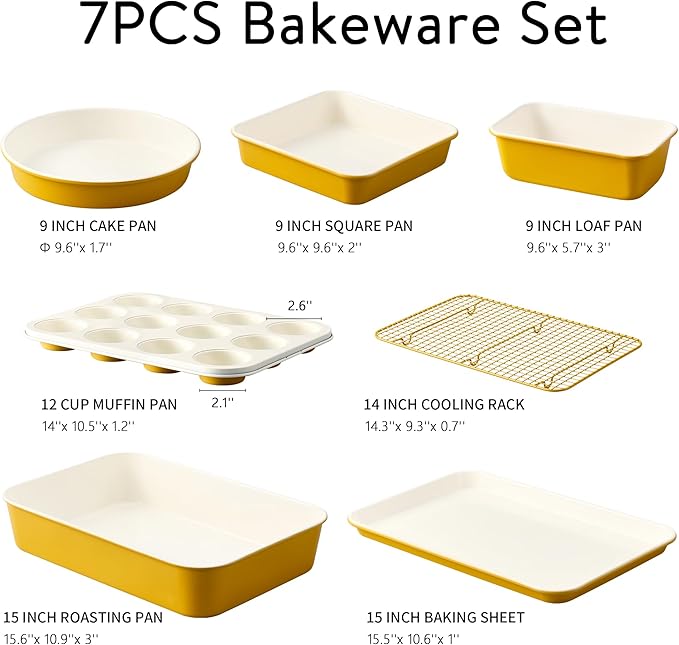 CAROTE 7-Piece Ceramic Baking Pans Set, Aluminized Steel Bakeware Sets, Toxin-Free Nonstick Stackable Oven Pans with Cookie Sheet, Muffin Pan, Loaf Pan, Roasting Pan, Cake Pans, Cooling Rack