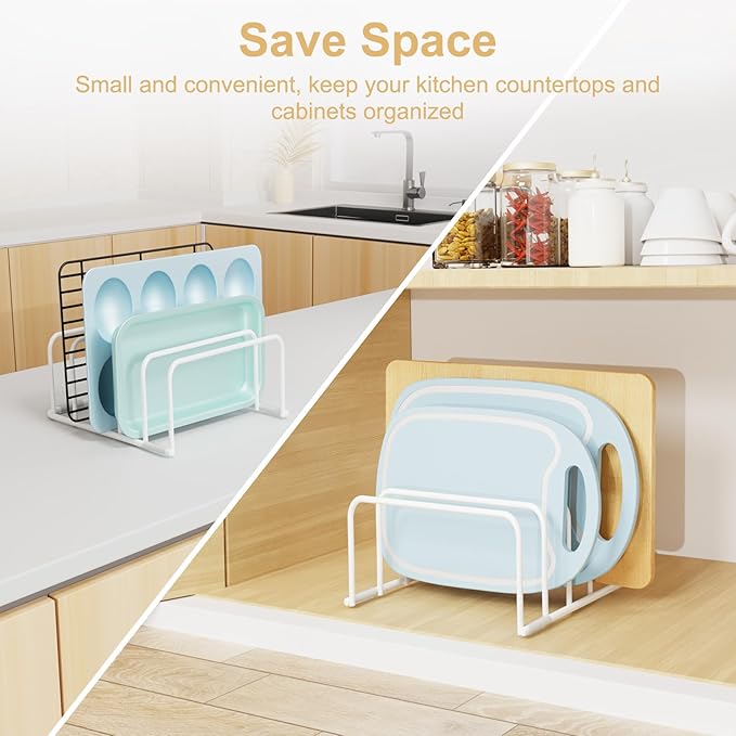 Cutting Board Organizer and Baking Sheet Rack, [1-Pack] White Heavy Duty Metal Cookie Sheet Organizer for Cutting Board Storage & Plate Holder for Cabinet, Tray Dividers for Cabinets