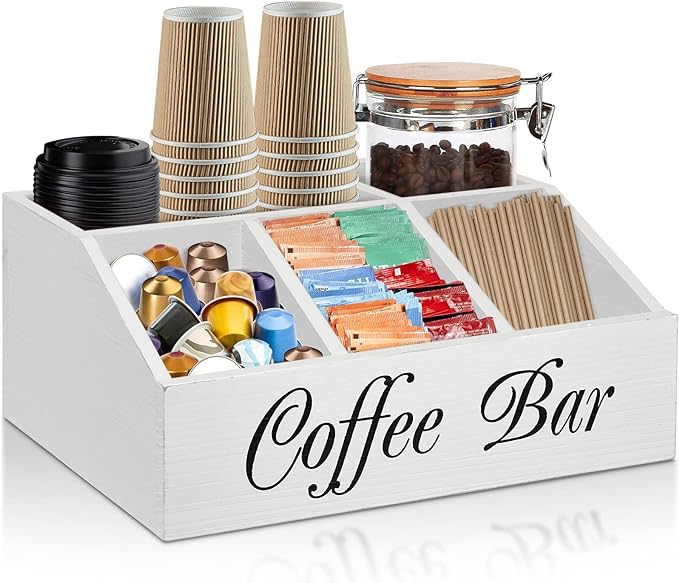 ugiftt Coffee Station Organizer for Counter, Wood Coffee Pods Holder Storage Basket, Tea Condiment Storage Organizer, Rustic Wood Bar Decor for Accessories