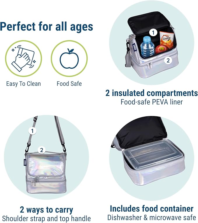 Wildkin Kids Two Compartment Insulated Lunch Bag – Keeps Food Hot or Cold, Easy-Clean Lining, Leak-Resistant & BPA-Free – Boys & Girls, Ideal for School, Travel & Daycare – Holographic