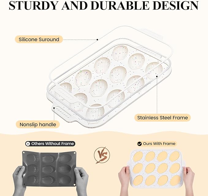 Vinino 2-Pack Silicone Madeleine Pan with Metal Reinforced Frame, 12-Cavity Shell Shape Madeleine Mold with Non-Slip Handle, Nonstick Madeleine Cookie Trays for Oven, BPA Free, Dishwasher Safe- Cream