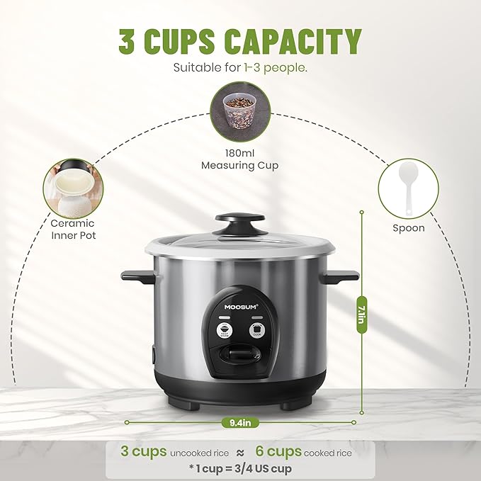 3-Cup Uncooked Rice Cooker Small - Ceramic Coating Non-Toxic Inner Pot, One-Touch Multifunction for Rice/Sauté/Yogurt, Dishwasher Safe, 1-3 People Size, Stainless Steel