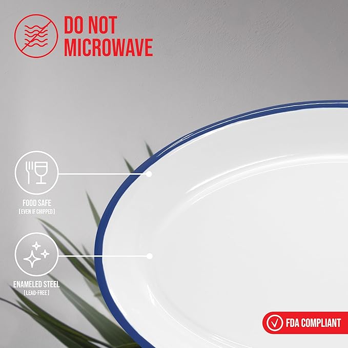Red Co. Enamelware Metal Classic 13" Serving Oval Tray Platter, Solid White/Navy Blue Rim