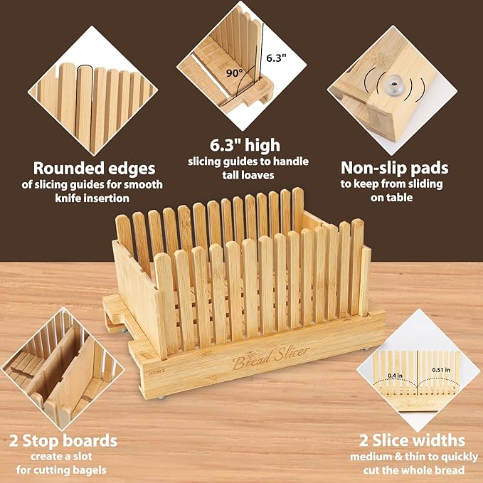 3-in-1 Bread Slicer set for Homemade Bread with Storage Box and Bread Serving Tray for Homemade Bread - Upgrade Bamboo Wooden Bread Slicer Kit - Adjustable Width, Crumb Tray, Cloth Bags