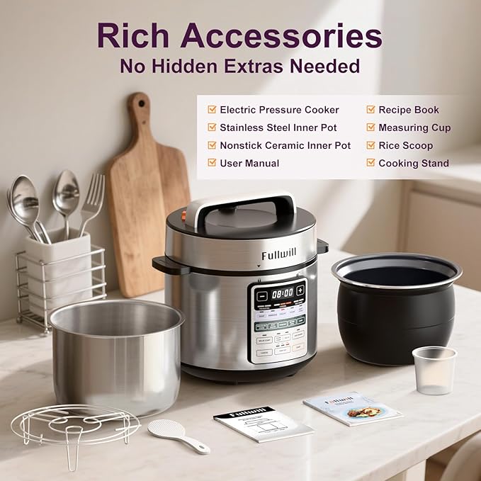 Fullwill Dual-Pot Electric Pressure Cooker 6+5QT, 12-in-1 Multi-Cooker for Pressure Cooking, Soup, Yogurt, Stew, Rice，Suitable for family meals and gatherings