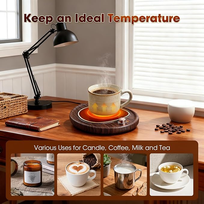 Coffee Mug Warmer - Large Candle Warmer Plate, 2-Temp Setting (131℉ & 113℉) & Fast Heating, Elegant Desk Warmer for Coffee/Tea/Milk/Candle, Ideal Office Home Gift (Wood Grain)