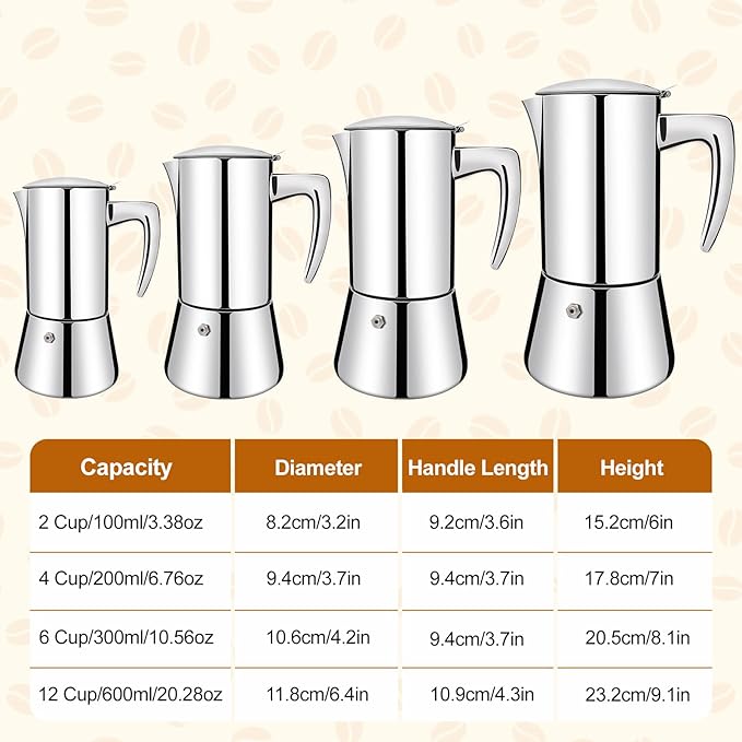 No Coating 12 Cup Thickened 304 Stainless Steel Moka Pot Stovetop Espresso Maker Italian Coffee Machine 600ml 20.3oz Suitable for Gas Induction Stovetop Greca Coffee Maker Percolator