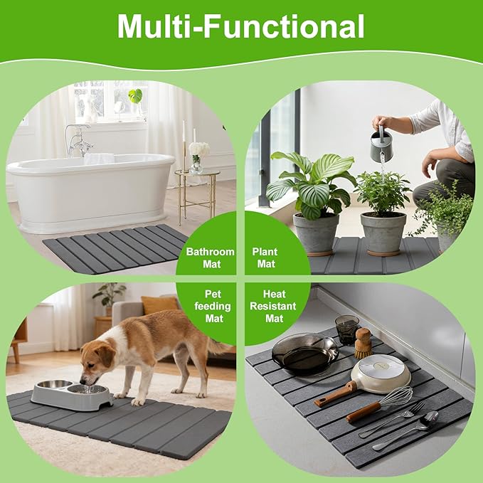 Stone Drying Mat for Kitchen Counter, Large Dark Gray Foldable Diatomaceous Earth Dish Drying Mat, Quick-Dry Absorbent Bath & Countertop Mat for Dishes Bottles Cups（23.6"x15.4"）